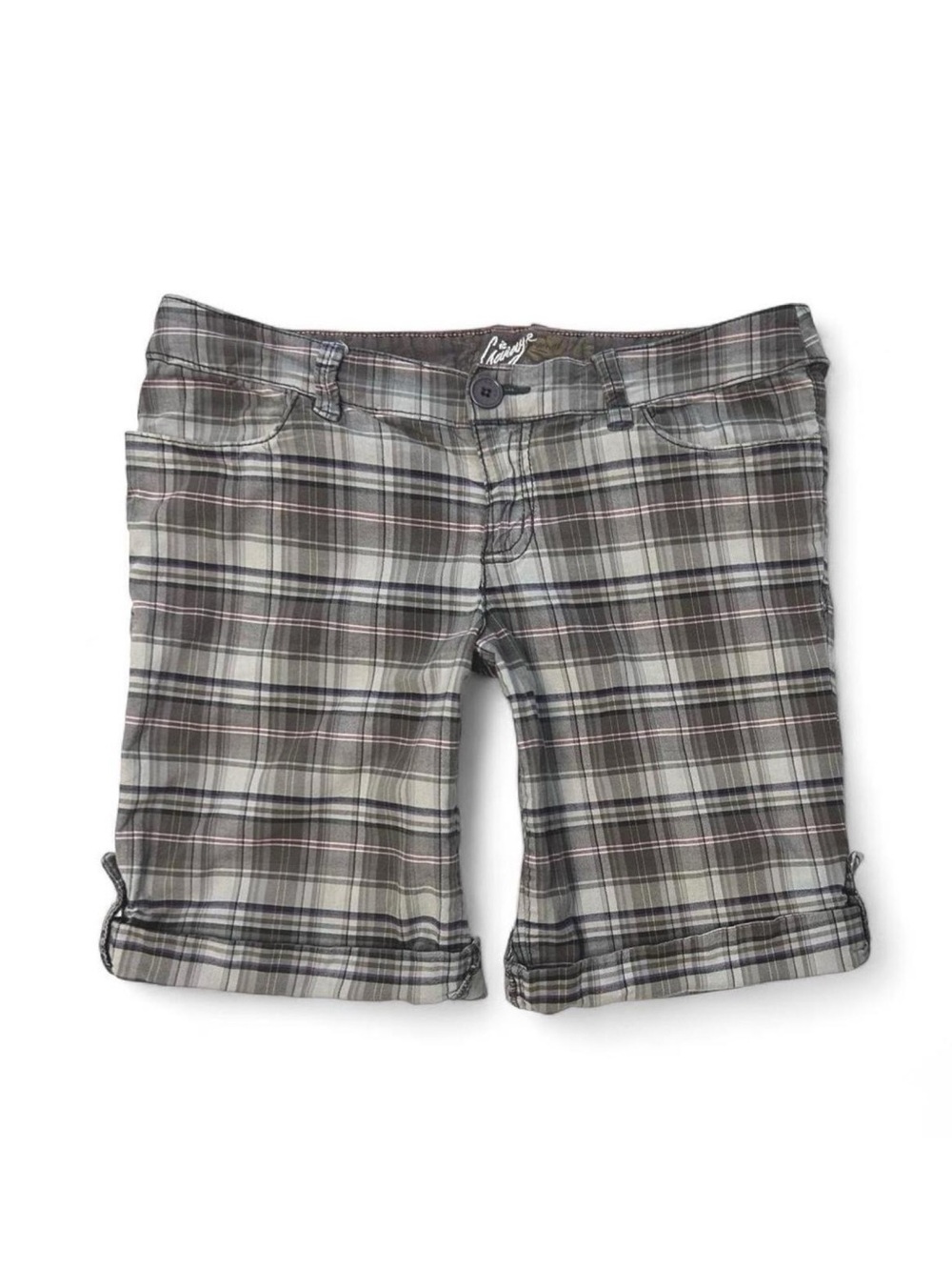 Y2K 2000s Garage Ultra Low Rise Grey, Pink & Purple Plaid Shorts